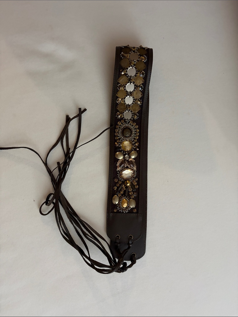 Embellished Brown Leather Tie-Back Headband